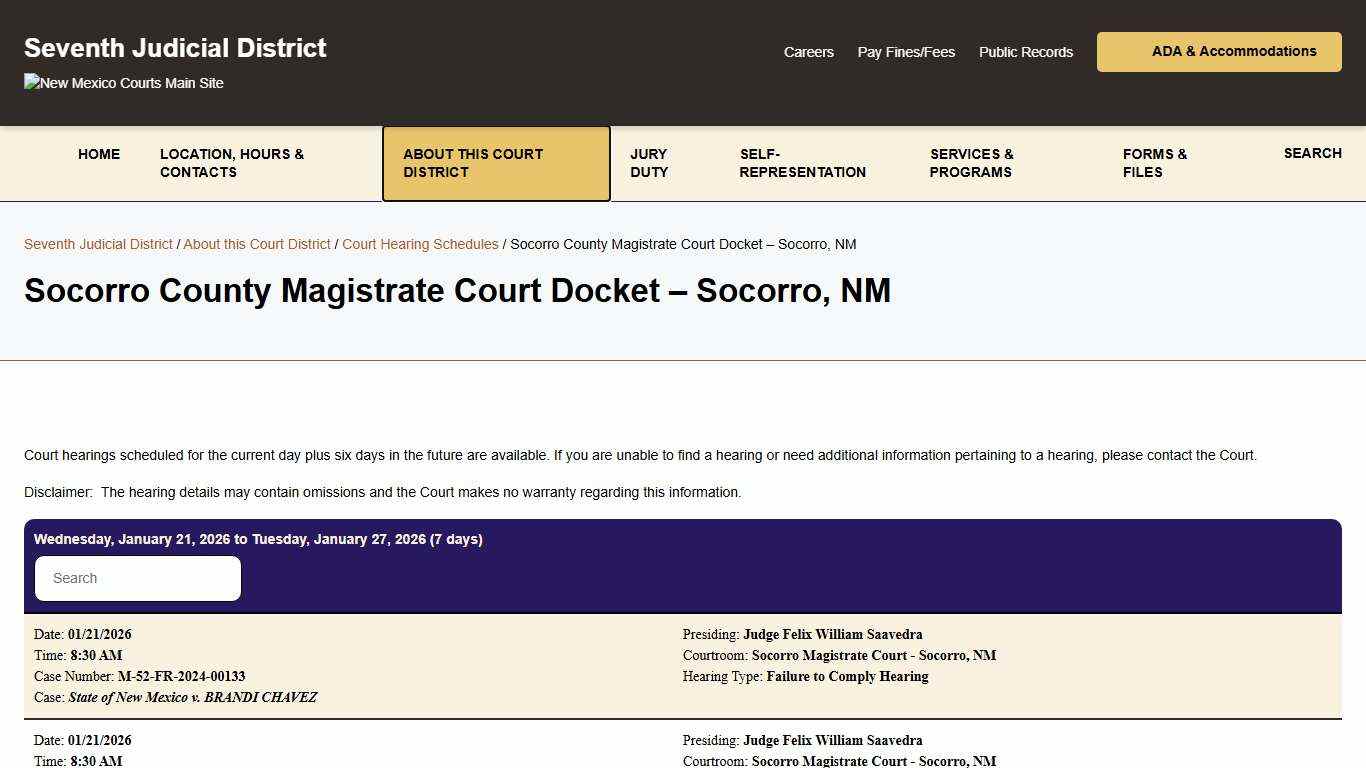 Socorro County Magistrate Court Docket - Socorro, NM - Seventh Judicial District